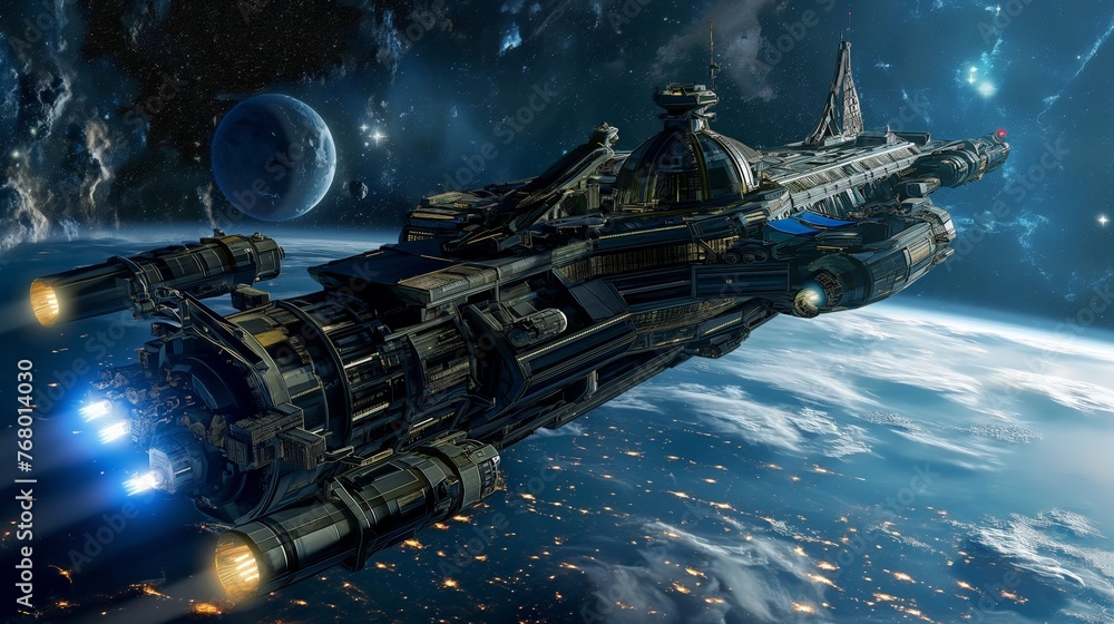A futuristic space cruiser travels through a starfield with planets in the background, conveying exploration and adventure.