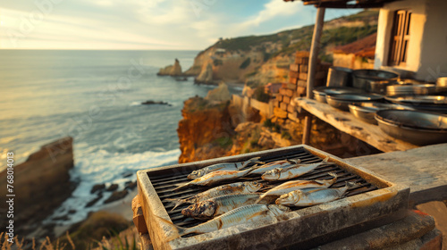 Grilling sardines in the open air in a Portuguese fishing village by the ocean. © Janis Smits