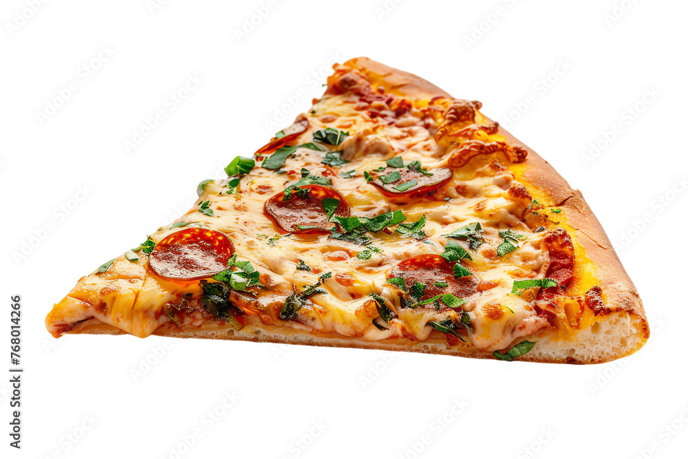 Isolated pizza with cheese, tomato sauce, and various toppings Isolated pizza with cheese, tomato sauce, and various toppings