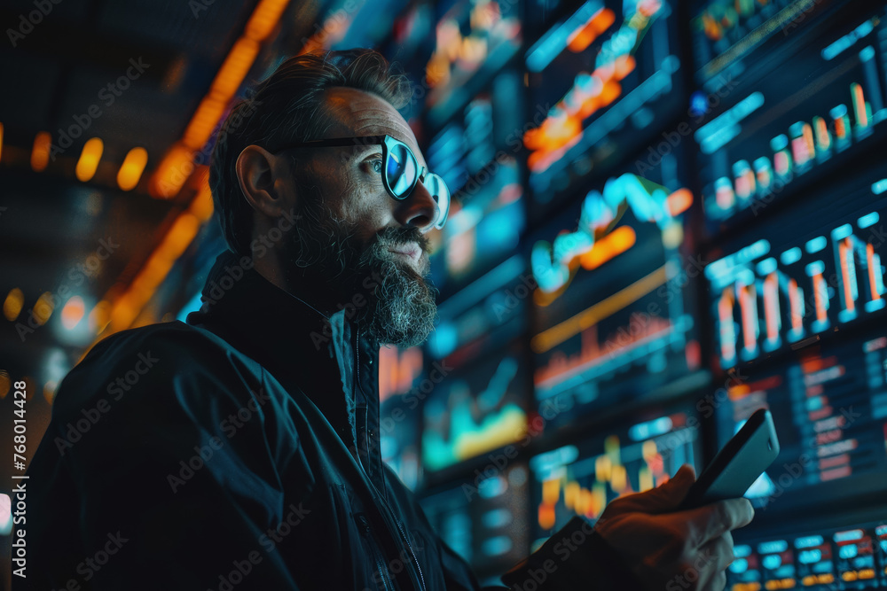 Businessman Holding Smartphone and Checking Stock and Cryptocurrency Market in Office. Businessman Holding Smartphone and Checking Stock and Cryptocurrency Market in Office.