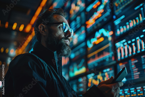 Businessman Holding Smartphone and Checking Stock and Cryptocurrency Market in Office.