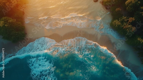Drone perspective of an isolated beach at sunset  untouched by tourism  with dramatic shadows and soft  warm light  for travel and adventure blogs.