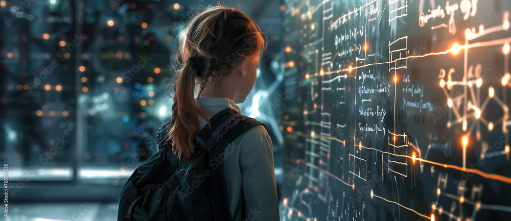 A genius girl sits, deep in thought. Her eyes gleam with intelligence as she tackles a challenging scientific problem. Generative AI.