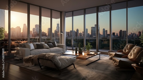 Park-side high rise apartment with floor-to-ceiling windows and sweeping city views © Aeman