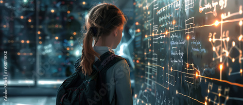 A genius girl sits, deep in thought. Her eyes gleam with intelligence as she tackles a challenging scientific problem. Generative AI. © Nanthiwan