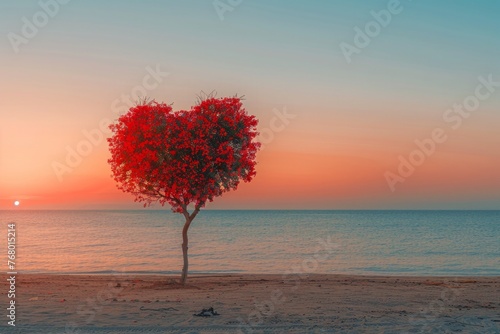 Heart tree red heart shaped tree on sunset valentine background love concept