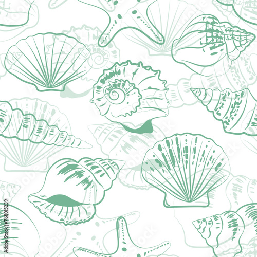 Seamless pattern of sea shells. Beautiful colored turquoise shells with interesting shapes. Fashionable flat vector illustration  for textile creation  endless print.