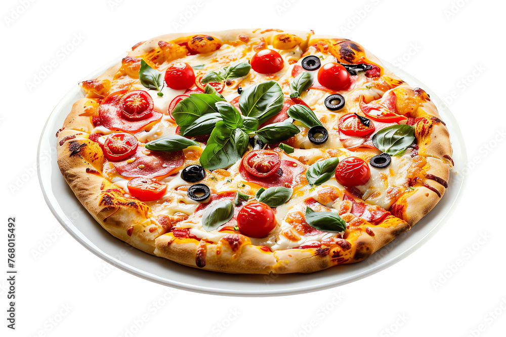 Isolated pizza with cheese, tomato sauce, ham, pepperoni, salami, and mozzarella