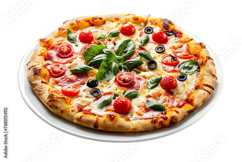 Isolated pizza with cheese, tomato sauce, ham, pepperoni, salami, and mozzarella