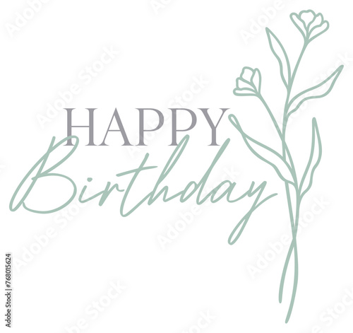 Happy Birthday Graphic | Floral Bouquet | Wildflower Line Art | Celebratory Vector Illustration
