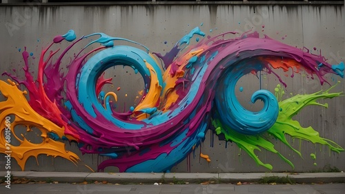 Against the backdrop of a drab concrete wall, vibrant strokes of spray paint create a mesmerizing display of color and movement. The abstract composition features dynamic swirls and intricate patterns photo