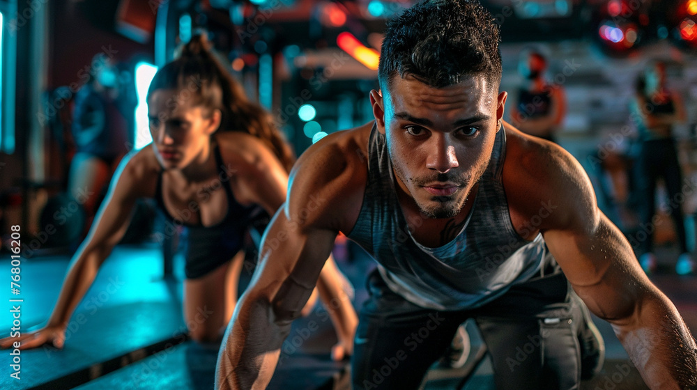 A man and woman in a gym setting, engaged in a workout routine that involves push-ups A man and woman in a gym setting, engaged in a workout routine that involves push-ups
