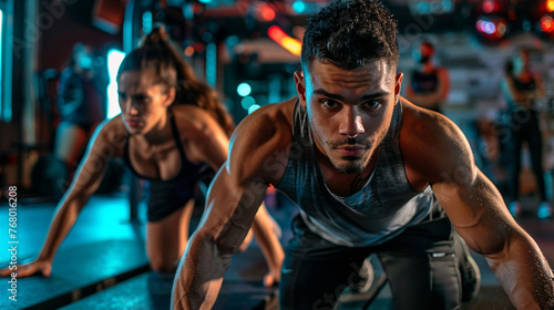 A man and woman in a gym setting, engaged in a workout routine that involves push-ups