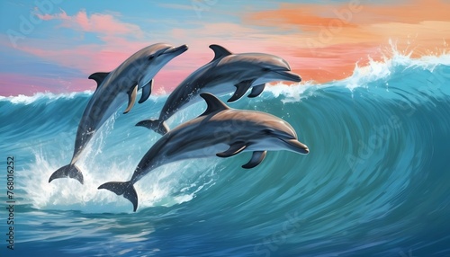 An Artistic Depiction Of A Pod Of Dolphins Swimmin