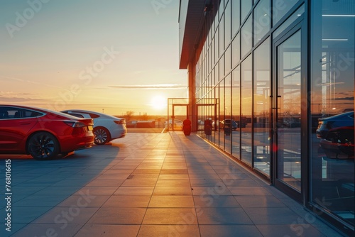A modern car dealership with cars parked outside, including two red ones and one white one The sun is setting in the background, casting long shadows on the glass windows of the building Generative AI