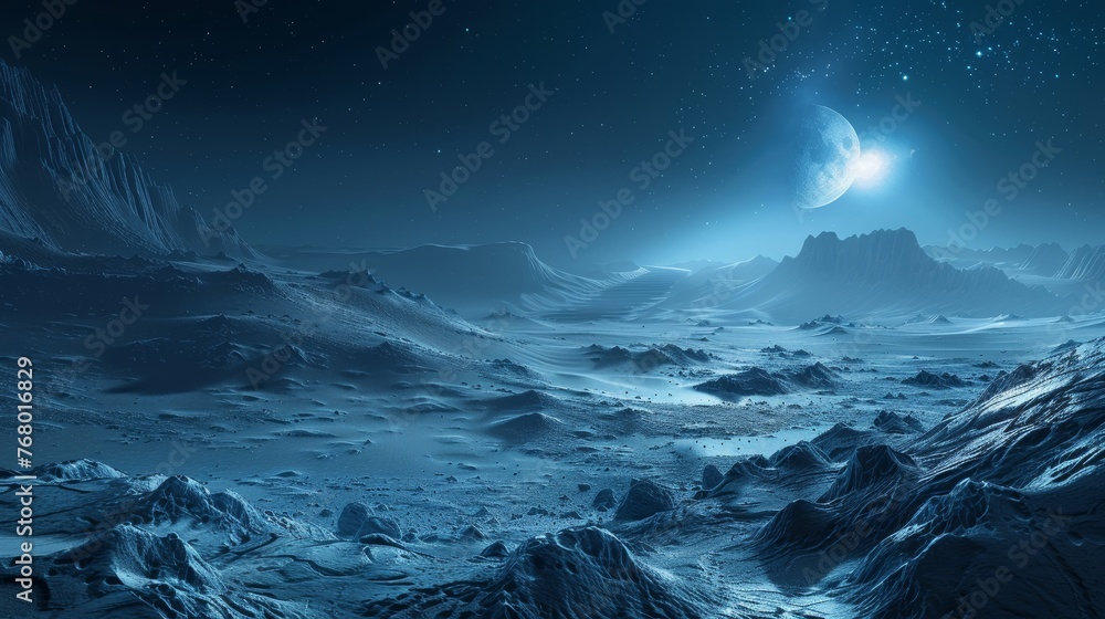 Envision a space exploration platform where users can walk on realistic 3D-rendered alien landscapes against the backdrop of the cosmos, using high contrast and deep blues.
