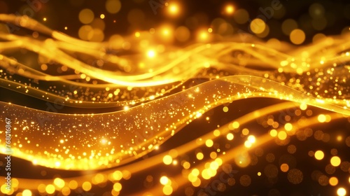 Abstract golden glowing lines with shimmering particles on a dark background, conveying elegance and festive mood.