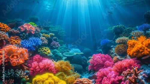 Underwater View of Coral Reef With Sunbeams © olegganko