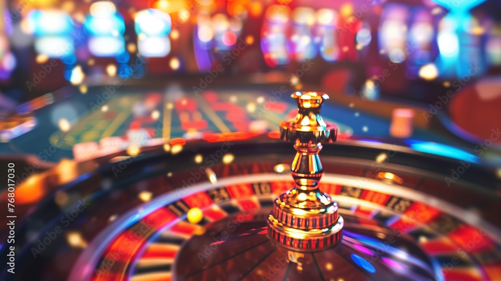 Casino roulette wheel in blured casino background