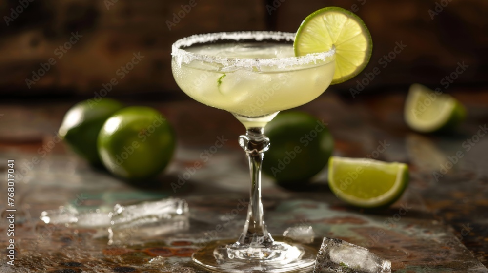 A Margarita cocktail presented against a dark backdrop, showcasing a glass filled with the alcoholic beverage.