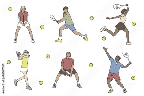 Group of tennis players different poses and personalities. Cartoon style, vector illustration isolated on white background 