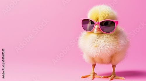Cool cute little easter chick baby with sunglasses on pink background with copy space, greetings card design. photo