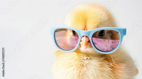 Cool cute little easter chick baby with sunglasses on white background with copy space, greetings card design.