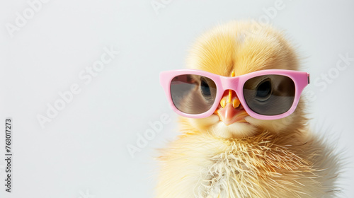 Cool cute little easter chick baby with sunglasses on white background with copy space, greetings card design.