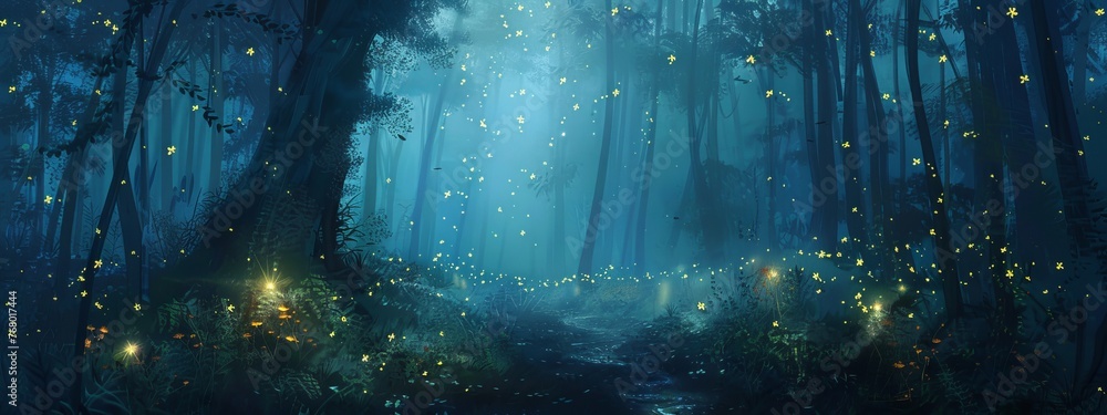 Fireflies creating constellations in a dark, serene forest. Fireflies creating constellations in a dark, serene forest.