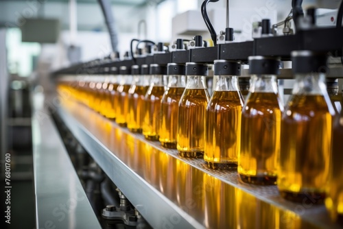 Clean factory bottling line of beverages in plastic bottles for efficient production