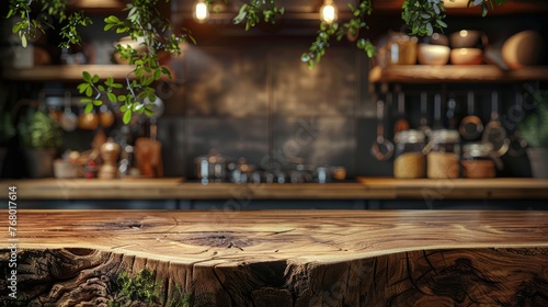 Wooden Table Top With Potted Plant