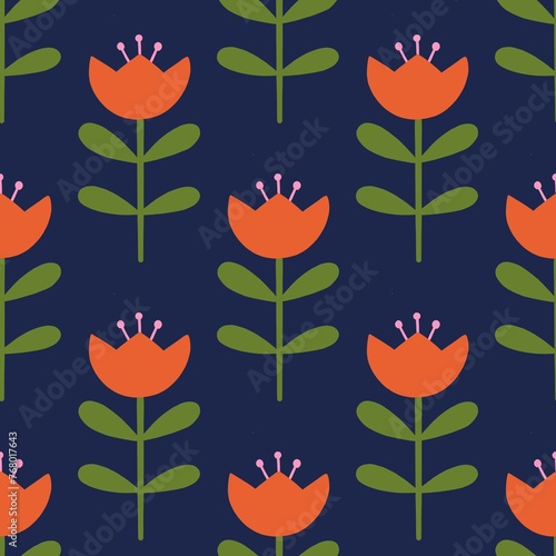 Seamless pattern design. Symmetrical orange flowers with green leaves.