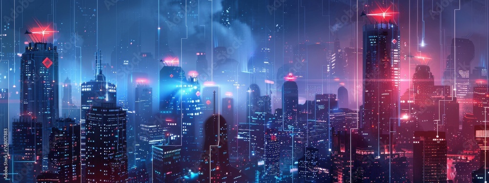 Futuristic cityscape with digital shields overlay, representing societal commitment to cybersecurity behavior Futuristic cityscape with digital shields overlay, representing societal commitment to cybersecurity behavior
