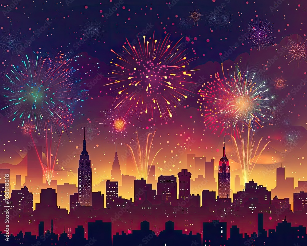 A dramatic fireworks display over a city skyline at night symbolizing celebration and excitement