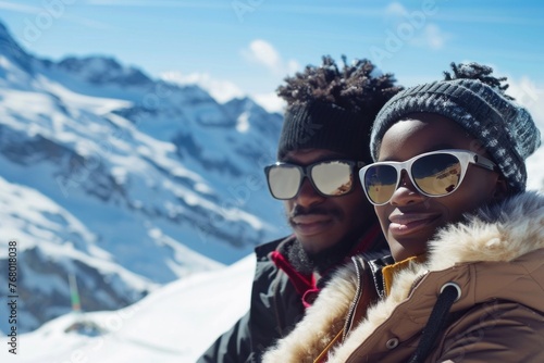 Young Couple Enjoying a Romantic Moment in a Beautiful Winter Wonderland Landscape with Snow-Covered Mountains in the Background