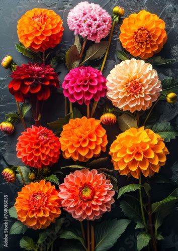 Top view of colorful dahlias flowers. Gardening and Flowering background.