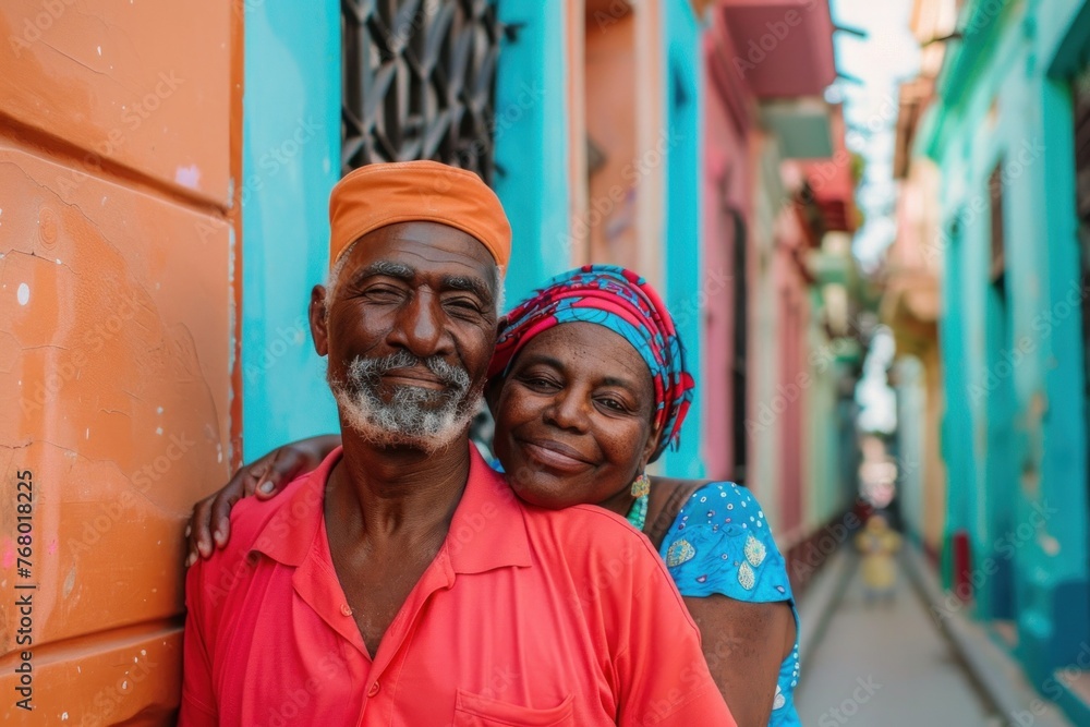 Smiling elderly couple embracing in a colorful alleyway in Havana, Cuba. travel tourism diversity multiethnic retirement lifestyle concept