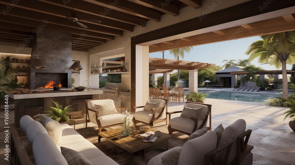 Resort-inspired outdoor living room with fireplace, retractable screens, beamed ceilings and seamless kitchen/dining area