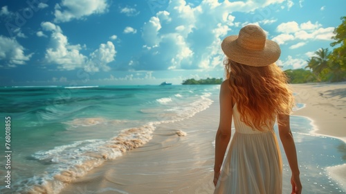 Woman in White Dress and Hat Walking on Beach