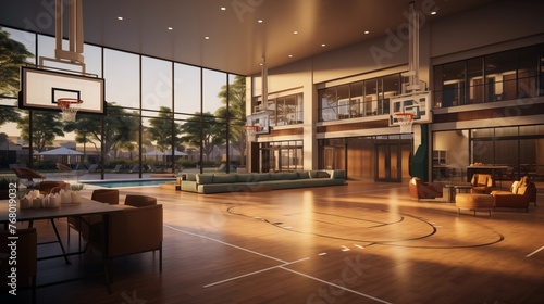 Resort-style indoor basketball court with professional court, seating areas, and locker rooms