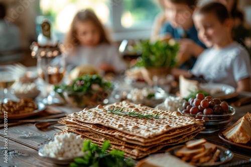 Celebrating Passover with family. A table laden with festive dishes and matza, blurred figures of joyous participants in the background. Generated AI