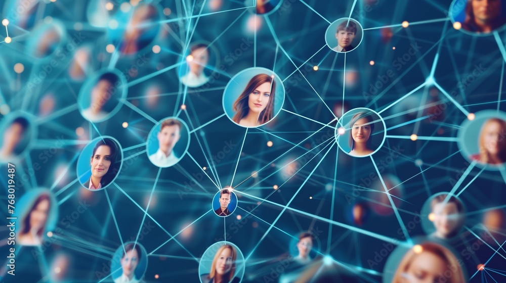 Virtual meeting concept, showcasing a network of circles with diverse user avatars connected by digital lines, symbolizing online collaboration and communication. Virtual meeting concept, showcasing a network of circles with diverse user avatars connected by digital lines, symbolizing online collaboration and communication.