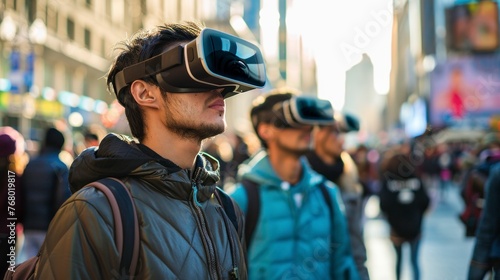 group of people with virtual reality glasses on the street in high resolution and high quality. concept virtual reality glasses, group, street