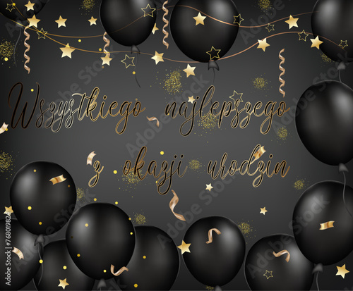 kartka lub baner z życzeniami urodzinowymi w kolorze złotym na czarno-szarym gradientowym tle, a dookoła czarne wężowe balony i złote gwiazdki