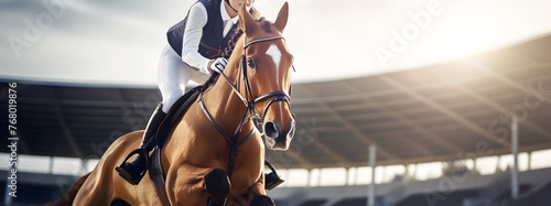Female equestrian athlete at riding hippodrome arena with brown horse on sunny day outdoor. photo