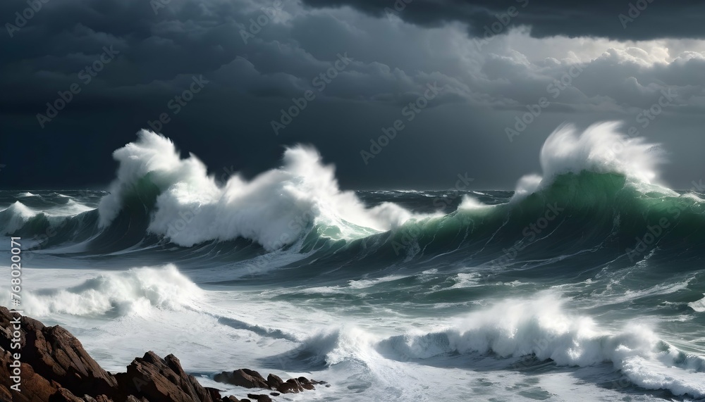 Dramatic Stormy Seascape With Crashing Waves Pow