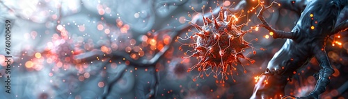 Illustration depicting the struggle against long COVID brain fog, with microscopic view of damaged cerebral vessels digital photography