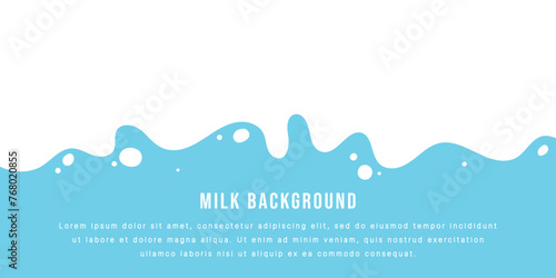 Modern poster fresh milk with splashes on a light blue background. Vector illustration in flat minimalistic style