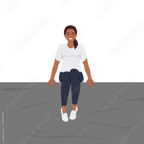 Young black woman sitting alone on a ledge or edge of wall or cliff. Flat vector illustration isolated on white background