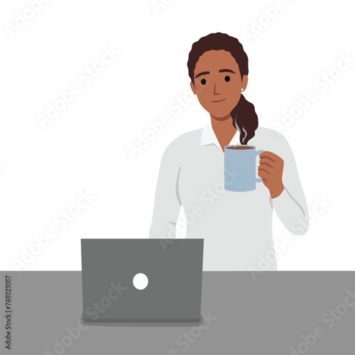 Young woman holding coffee while looking at laptop. Flat vector illustration isolated on white background